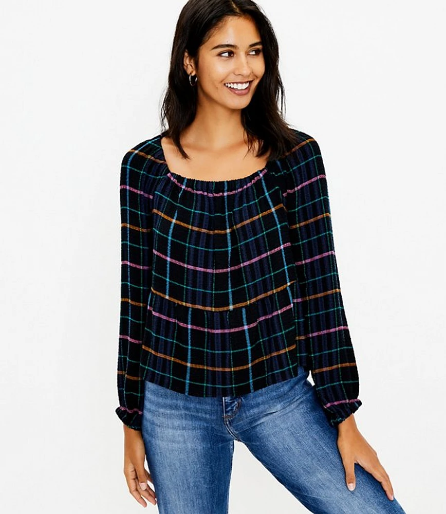 Plaid Square Neck Peplum Blouse