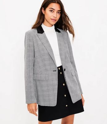 Plaid Velvet Collar Long Modern Blazer | LOFT