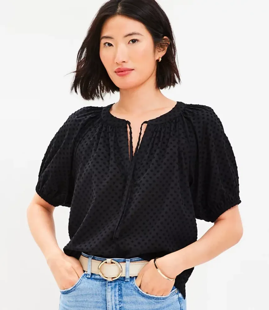 Clip Tie Neck Puff Sleeve Top