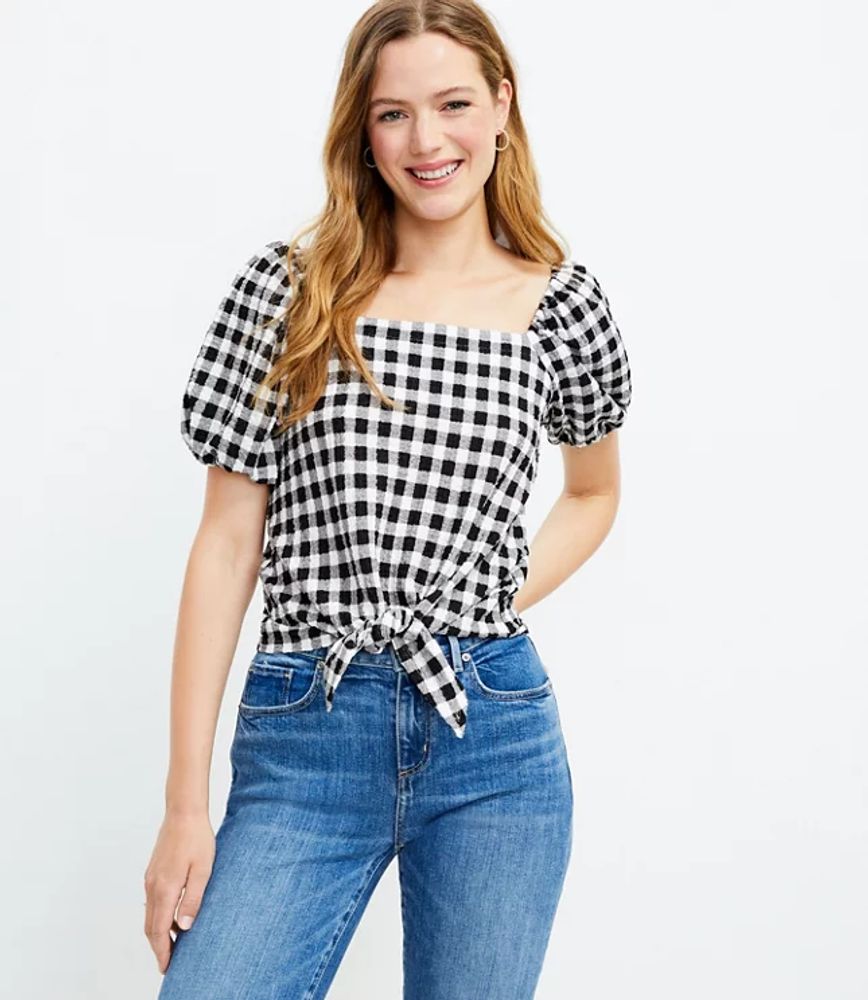 LOFT Gingham Square Neck Tie Front Top | LOFT | The Shops at Willow Bend