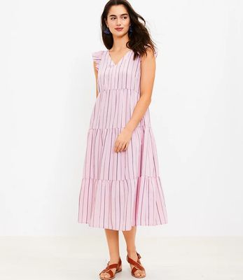Petite Striped Flutter Sleeve V-Neck Midi Dress | LOFT