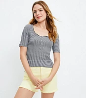 Petite Striped Pointelle Ruffle Henley Top