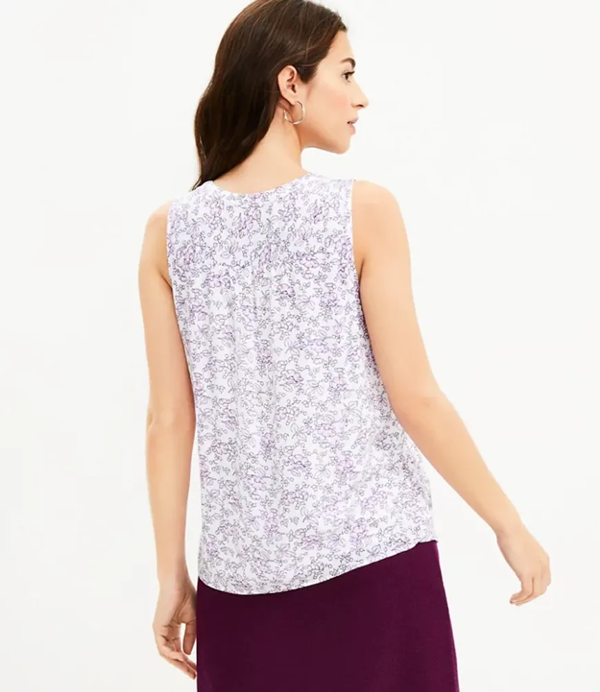 Petite Floral Pintucked Split Neck Shell