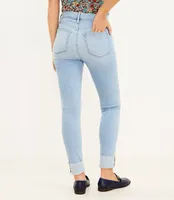 Frayed Cuff Button Front High Rise Skinny Jeans Light Wash Indigo