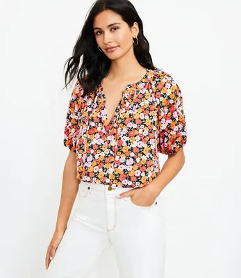 Petite Floral Tie Neck Puff Sleeve Top