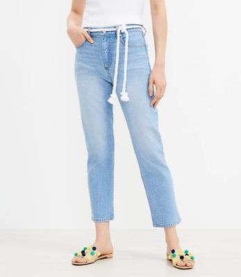 Petite Tie Waist High Rise Straight Crop Jeans in Light Authentic Indigo Wash | LOFT