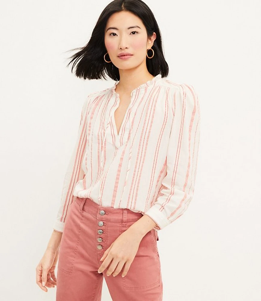 Striped Ruffle Tie Neck Blouse