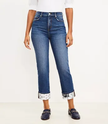 Curvy High Rise Straight Crop Jeans Patched Mid Indigo Wash