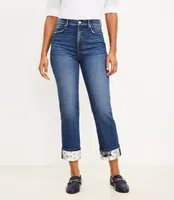 Curvy High Rise Straight Crop Jeans Patched Mid Indigo Wash