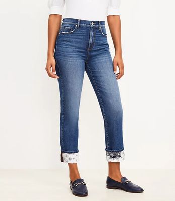 Petite High Rise Straight Crop Jeans Patched Mid Indigo Wash | LOFT