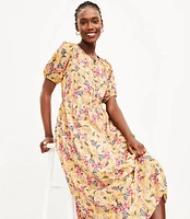 Petite Floral Button Puff Sleeve Midi Dress