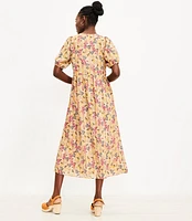 Petite Floral Button Puff Sleeve Midi Dress