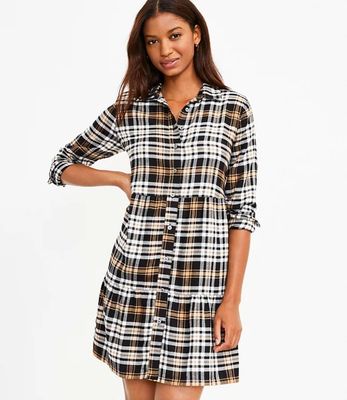 LOFT plaid shirt dress, gray wool floppy hat, plaid dress fall