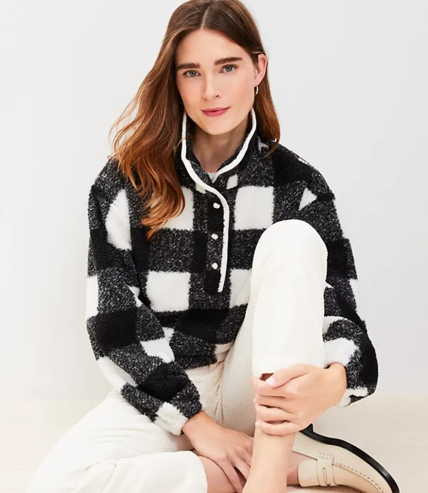 Plaid Sherpa Snap Collar Top