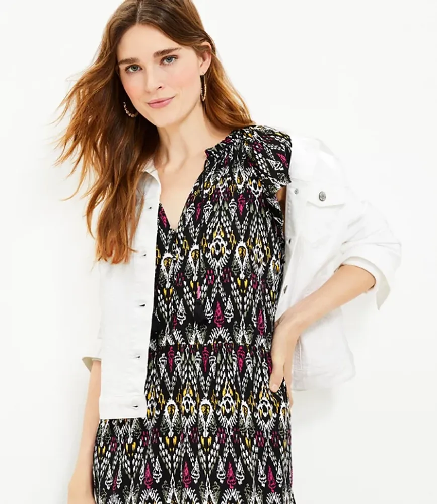 Ikat Tie Neck Tiered Swing Dress