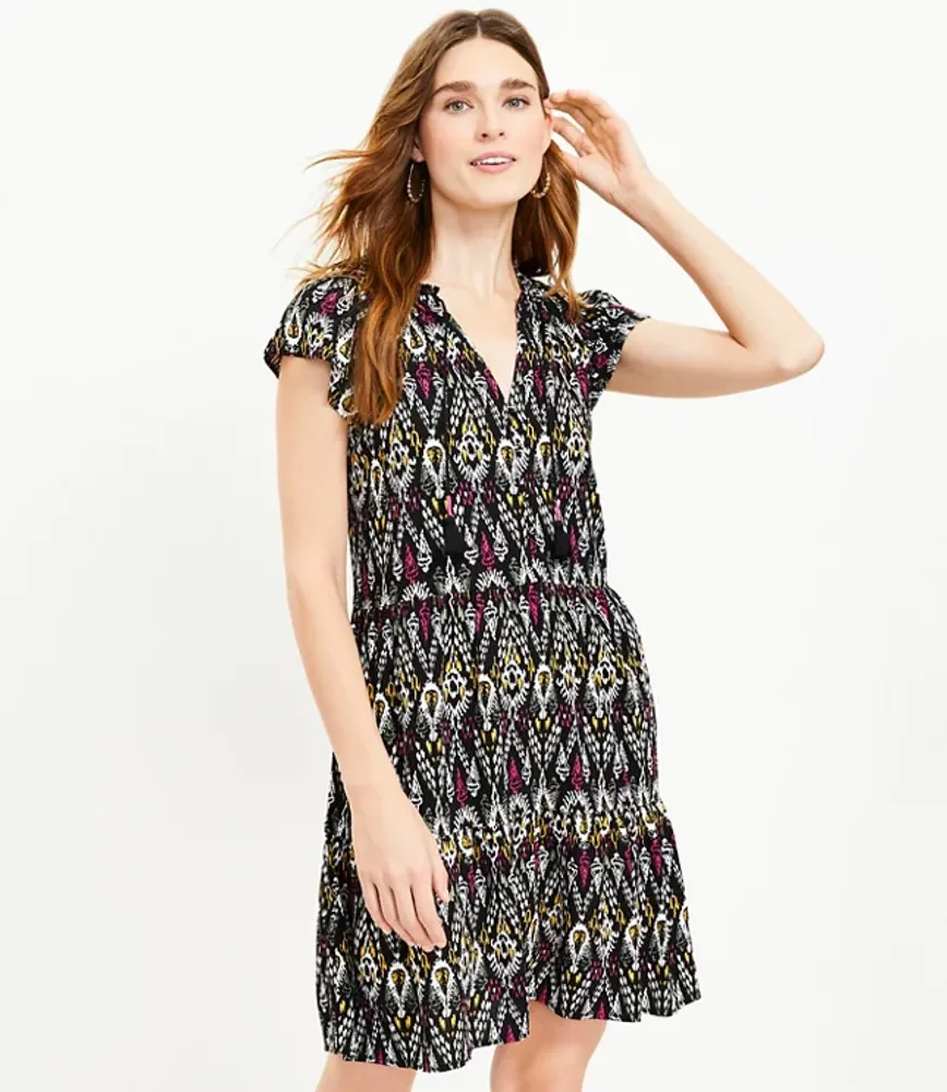 Ikat Tie Neck Tiered Swing Dress