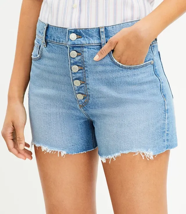 High Rise Frayed Cut Off Denim Shorts in Staple Mid Indigo Wash