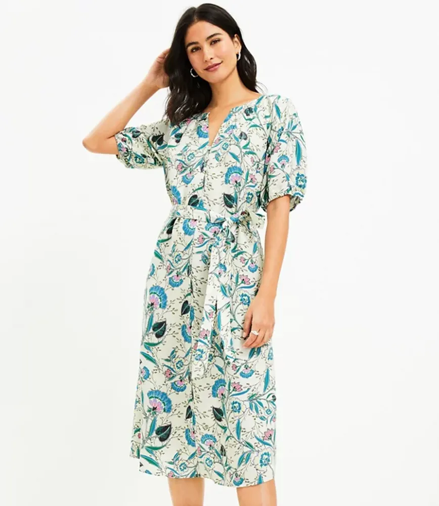 Floral V-Neck Puff Sleeve Midi Dress