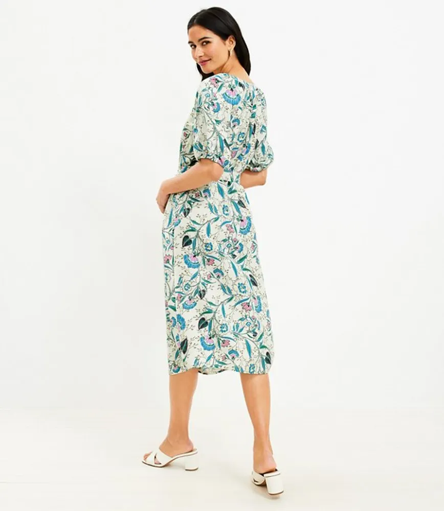 Floral V-Neck Puff Sleeve Midi Dress