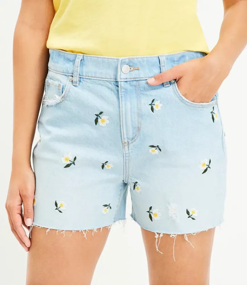High Rise Frayed Cut Off Denim Shorts Floral Embroidered Stone Wash