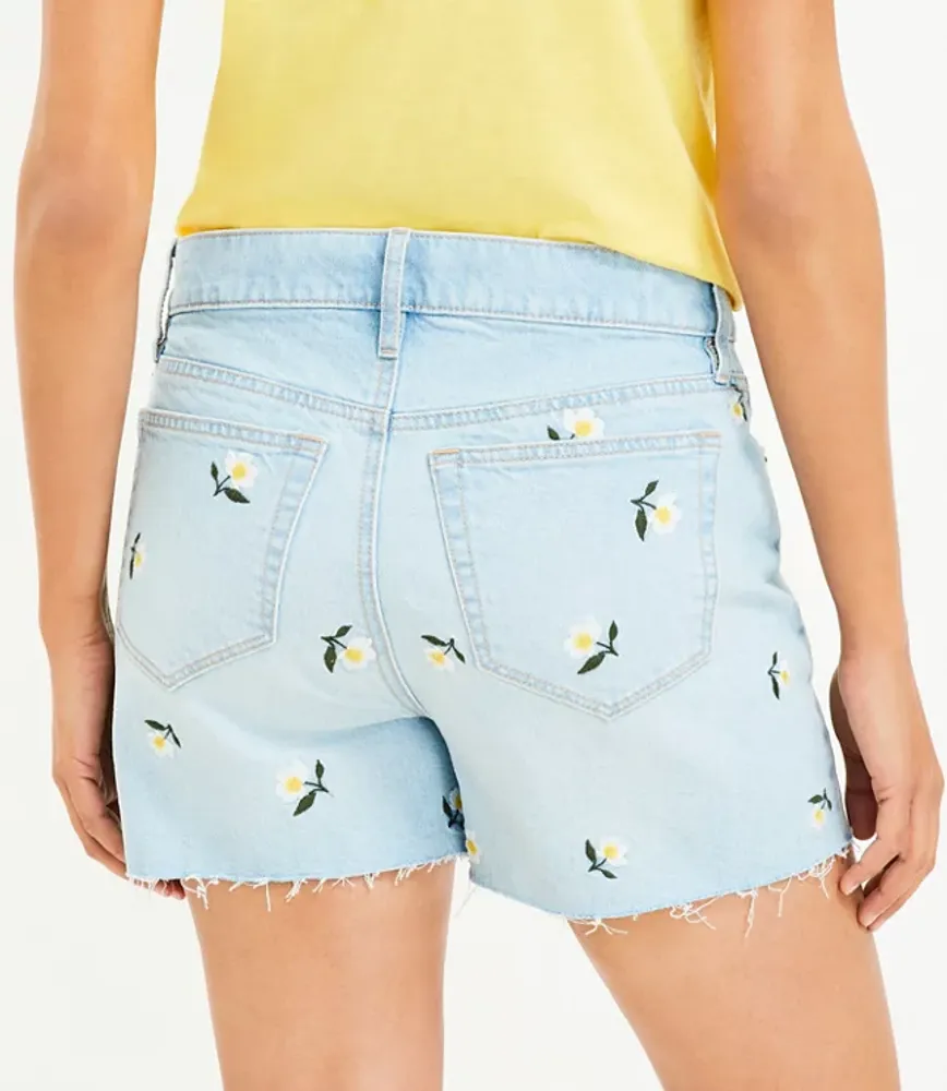 High Rise Frayed Cut Off Denim Shorts Floral Embroidered Stone Wash