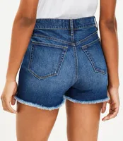 High Rise Frayed Cut Off Denim Shorts Staple Mid Indigo Wash