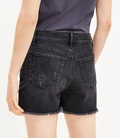 High Rise Frayed Cut Off Denim Shorts in Washed Black Wash