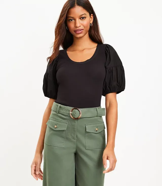 LOFT Cozy Ribbed Puff Sleeve Polo Top