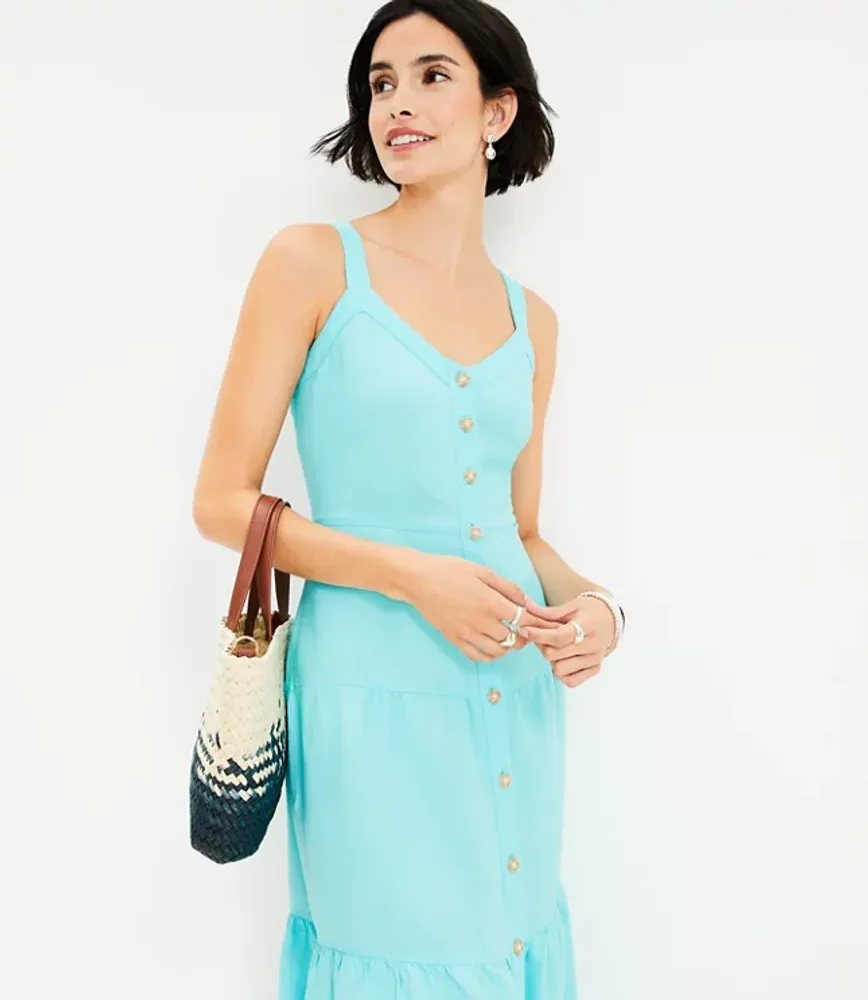 Linen Blend Strappy Button Tiered Midi Dress