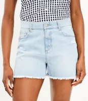 Fresh Cut High Rise Off Denim Shorts Classic Light Indigo Wash