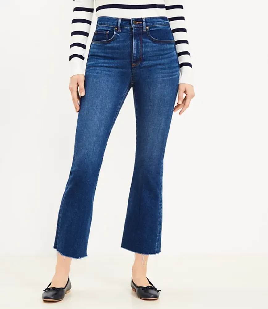 Curvy Destructed Hem High Rise Kick Crop Jeans Clean Dark Wash