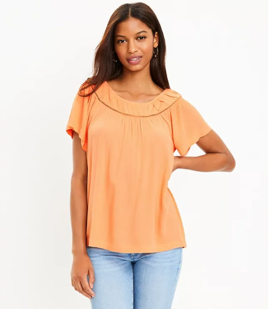 Cutout Yoke Flutter Sleeve Mixed Media Top