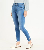 Curvy Side Slit Frayed High Rise Skinny Jeans in Indigo Wash