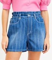 Petite High Rise Paperbag Pull On Denim Shorts in Stripe