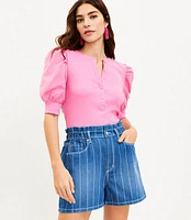 Petite High Rise Paperbag Pull On Denim Shorts in Stripe