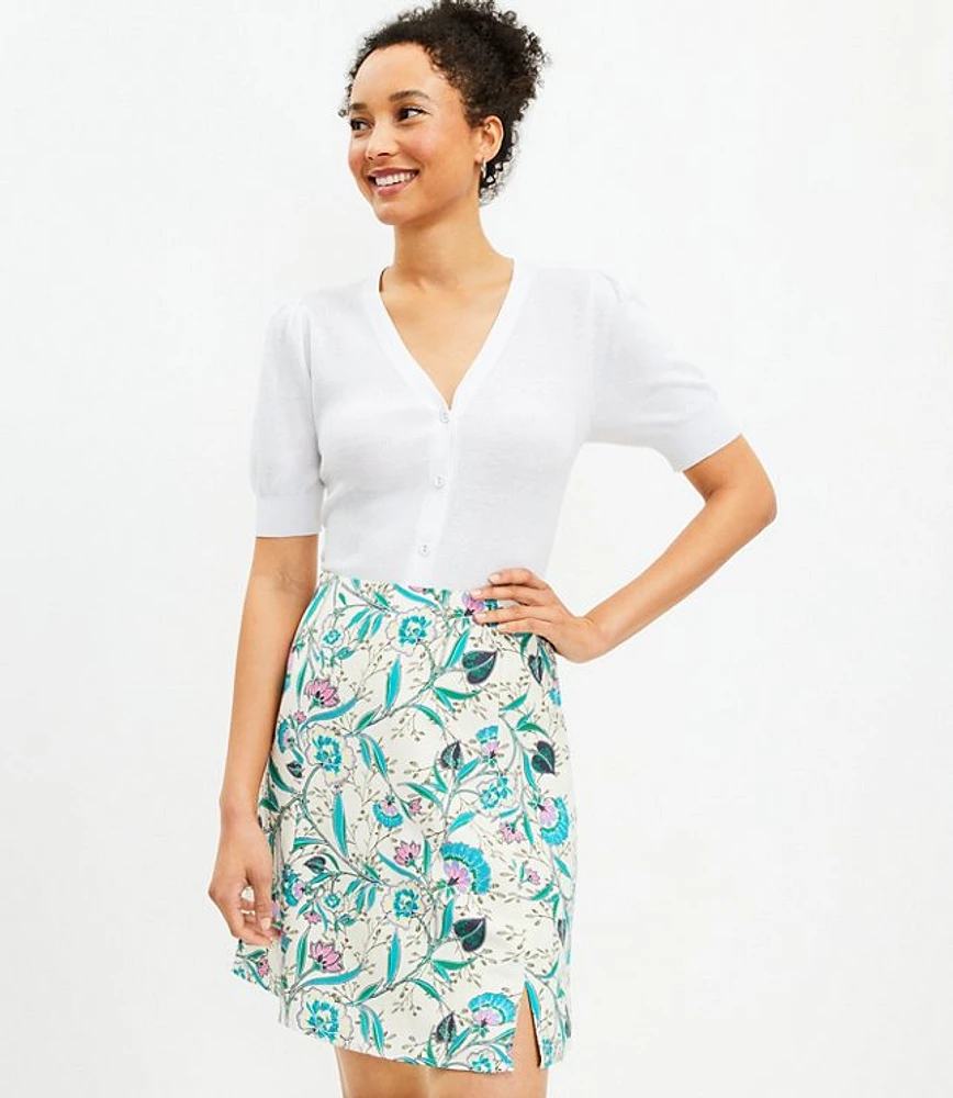 Petite Floral Side Slit Linen Blend Skirt