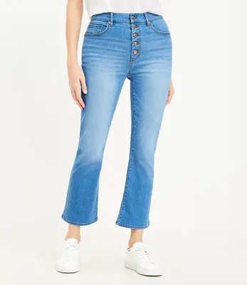 Petite Curvy Button Front High Rise Kick Crop Jeans Bright Mid Indigo Wash