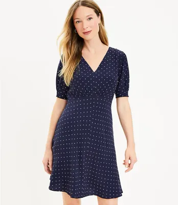 Dotted Puff Sleeve V-Neck Dress