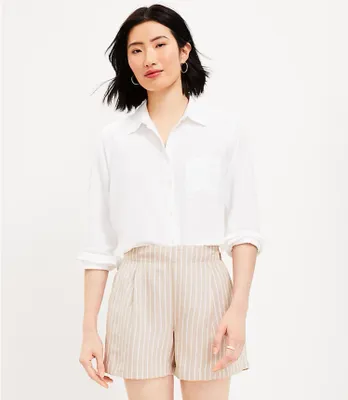 Pleated Pull On Shorts Striped Linen Blend