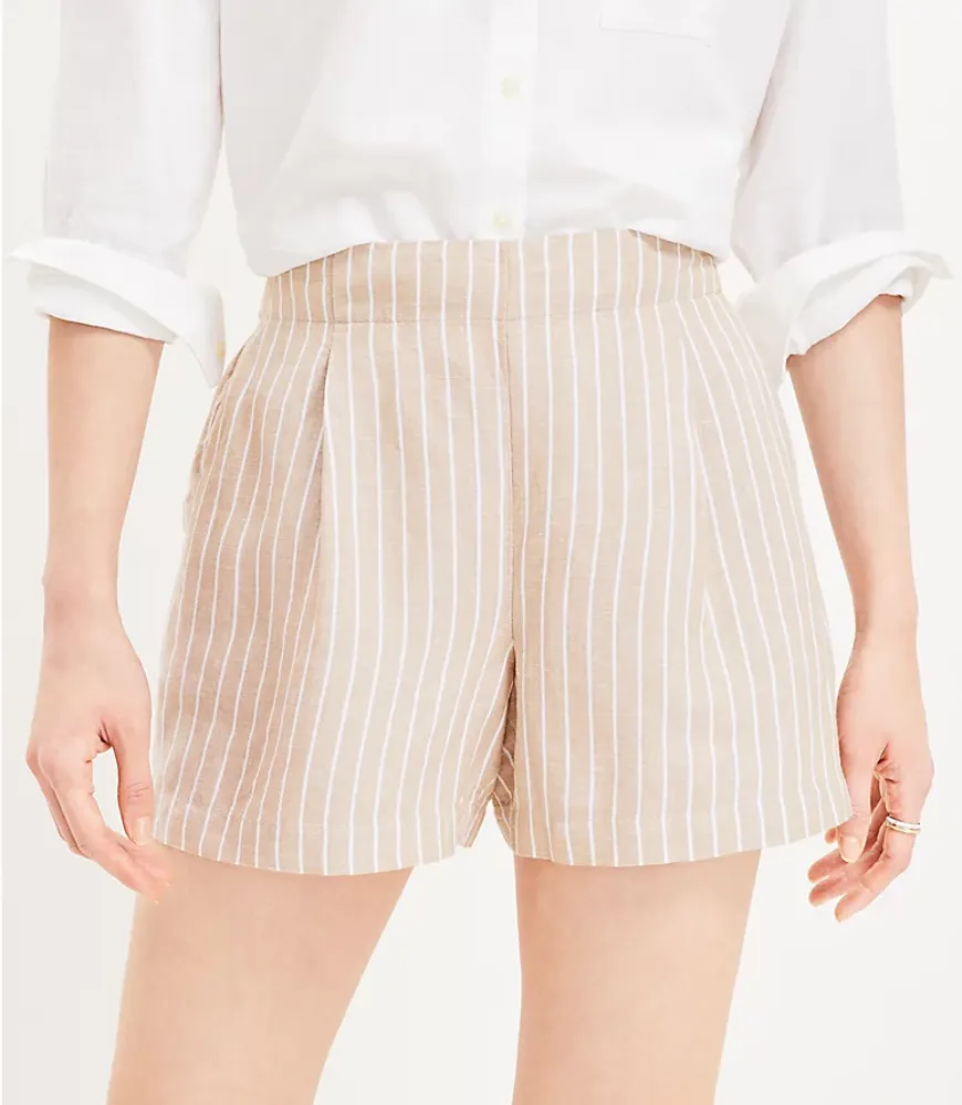 Pleated Pull On Shorts Striped Linen Blend