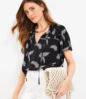 Palm Ruched Ruffle Tie Neck Top