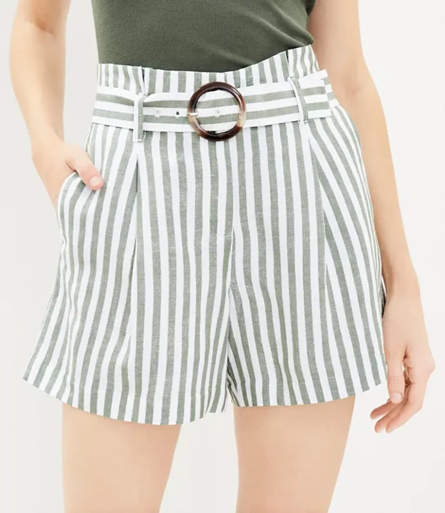 Petite Belted Shorts Striped Linen Blend