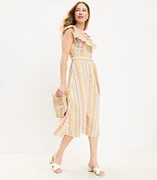 Petite Striped Ruffle Scoop Neck Midi Dress