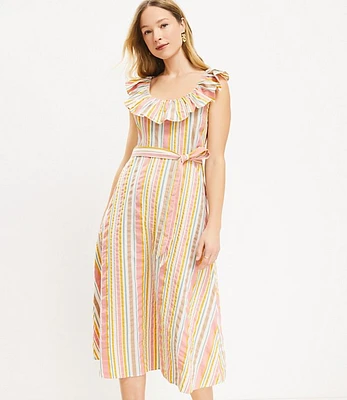 Petite Striped Ruffle Scoop Neck Midi Dress