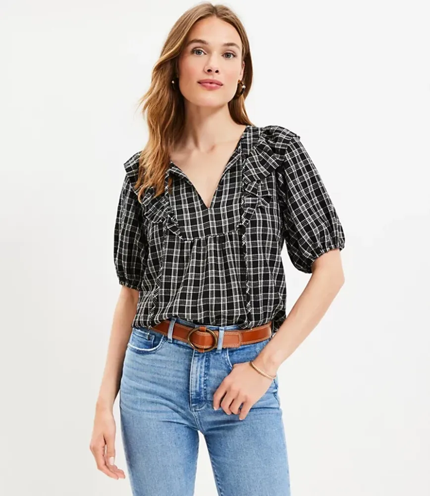 Plaid Ruffle Bib Tie Neck Blouse