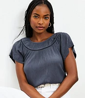 Petite Cutout Yoke Flutter Sleeve Mixed Media Top