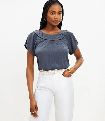 Petite Cutout Yoke Flutter Sleeve Mixed Media Top