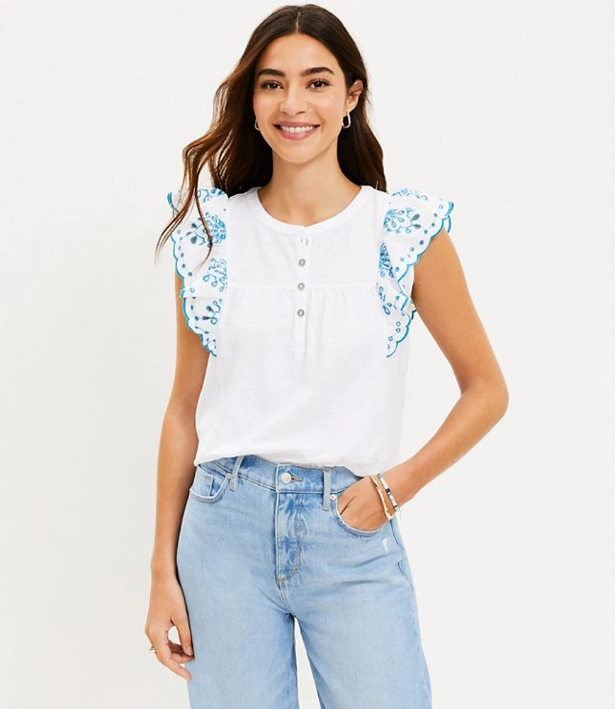 Petite Eyelet Flutter Henley Mixed Media Top