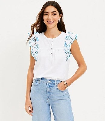 Petite Eyelet Flutter Henley Mixed Media Top