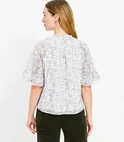 Metallic Clip Etched Floral Ruffle Trim Blouse